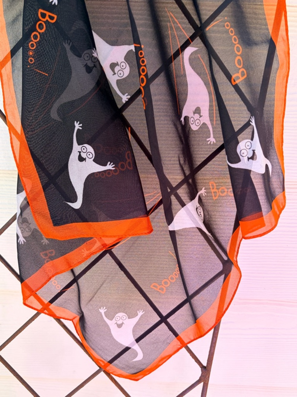 Whimsical Halloween Ghost Sheer Scarf with Orange Trim ghosts 👻